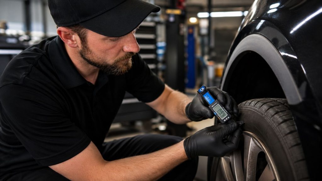 A professional mechanic at Tire World in Salt Lake City performing a thorough tire pressure and tread depth inspection using a digital gauge in a modern auto repair shop.
