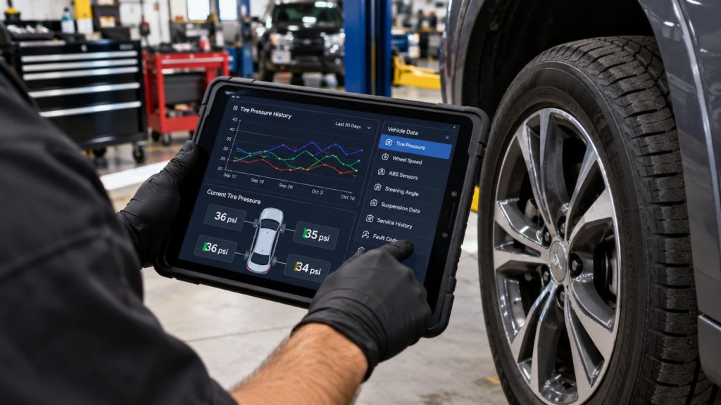 A technician reviewing digital tire pressure history and service records on a tablet in an auto repair shop.