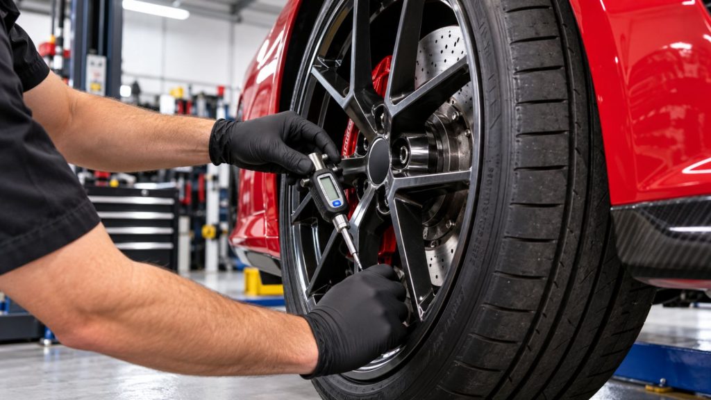 A close-up view of a technician's hands using a precision gauge to check the pressure of a low-profile premium tire in a professional repair shop.