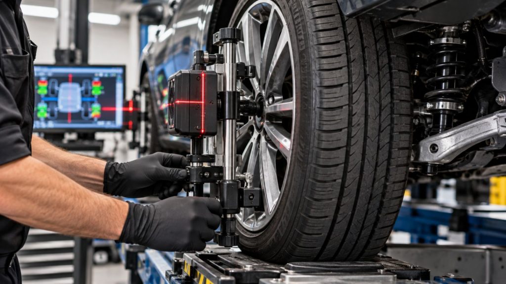 Close-up of a mechanic's hands adjusting precision alignment laser sensors on a car tire and suspension assembly at Tire World.